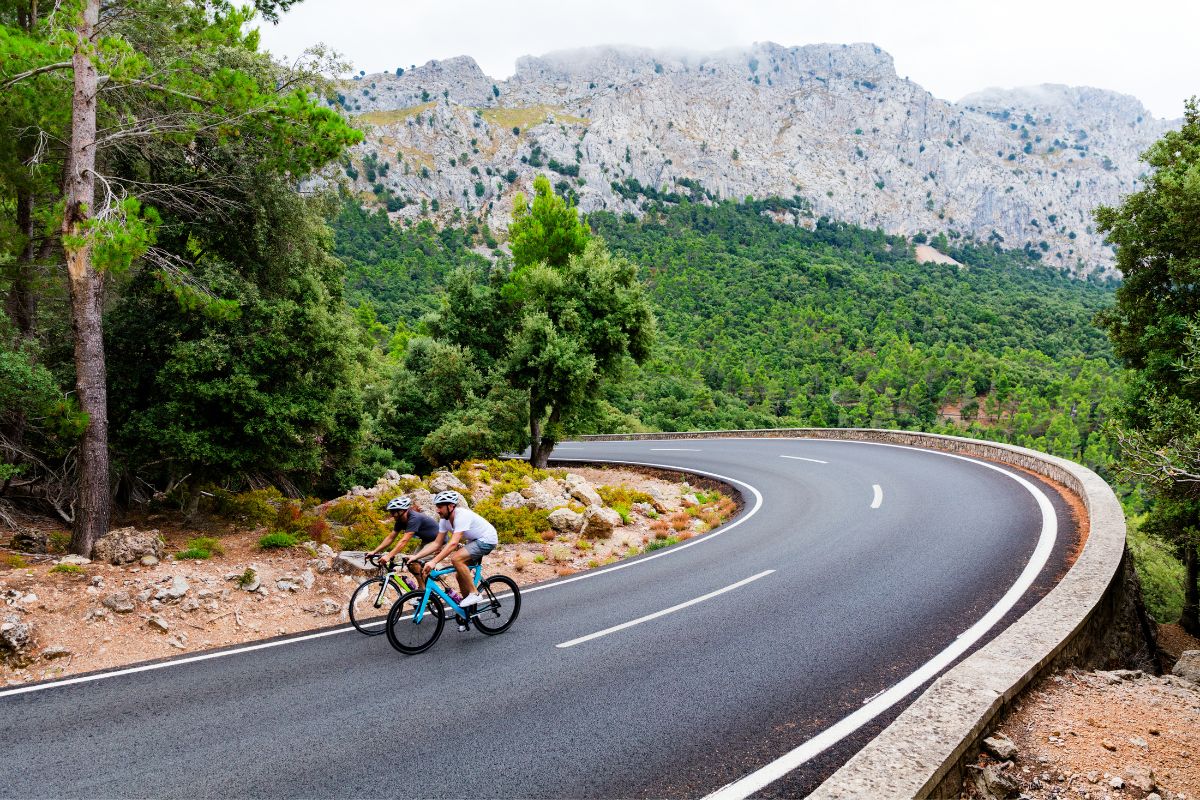 Cyclists on the road in Serra de Tramuntana, Mallorca